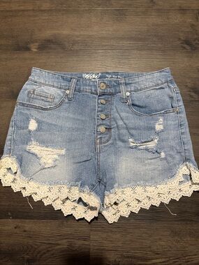 High-Rise Light Blue Denim Shorts with Crochet Hem